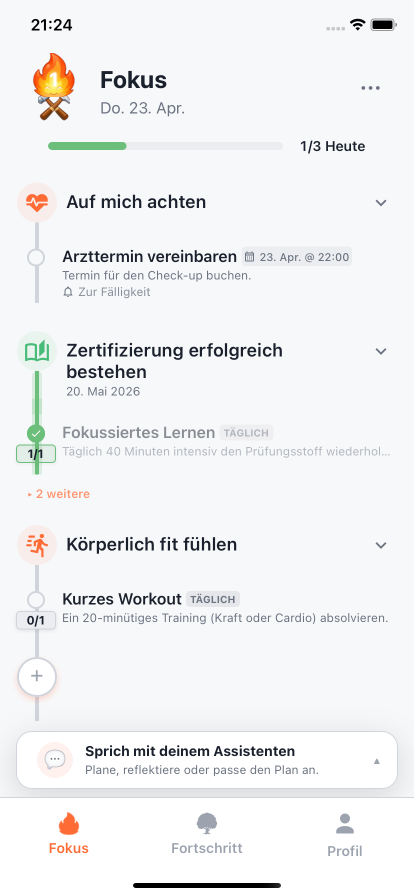 Willforge-Fokusansicht mit Tagesplan