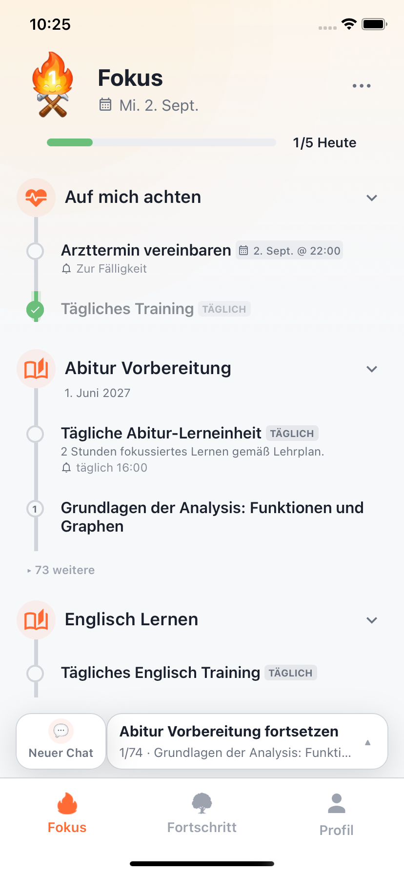 Willforge-Fokus-Bildschirm mit den heutigen Zielen und Coaching