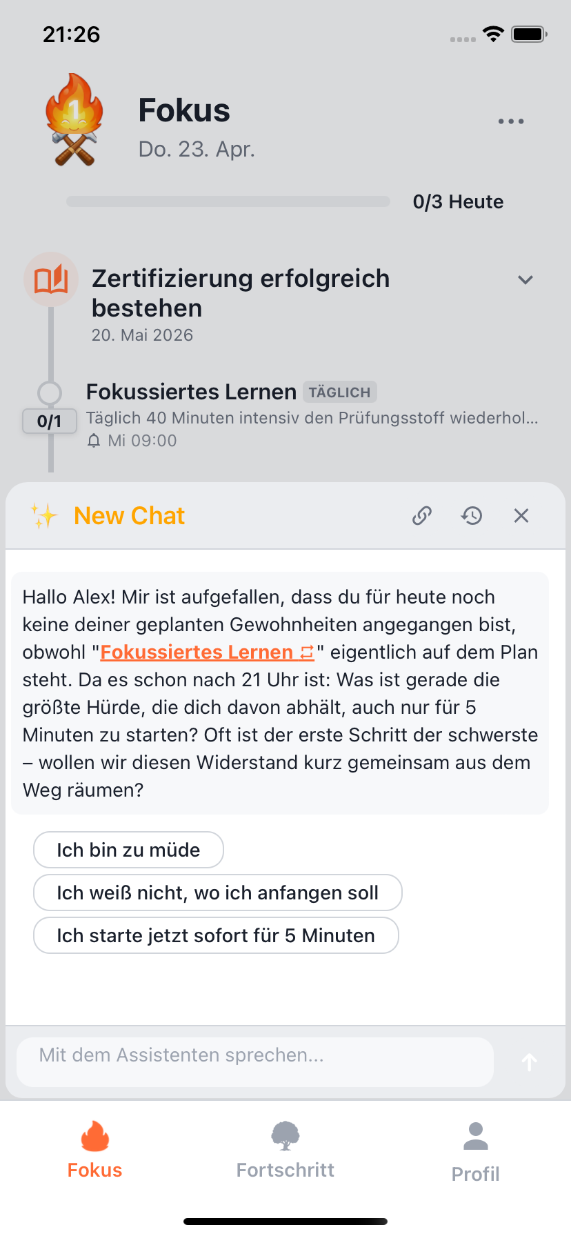 Willforge KI-Coaching-Chat mit Vorschlägen