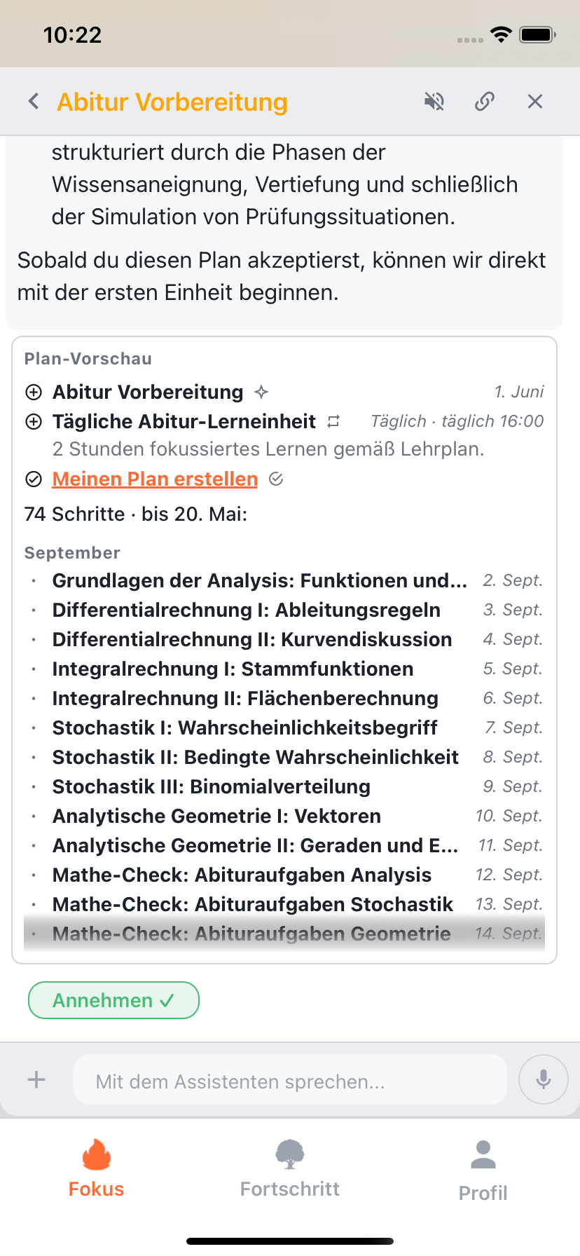 Willforge-Planvorschau mit geordneten Themen, Lerngewohnheit und Erinnerungen