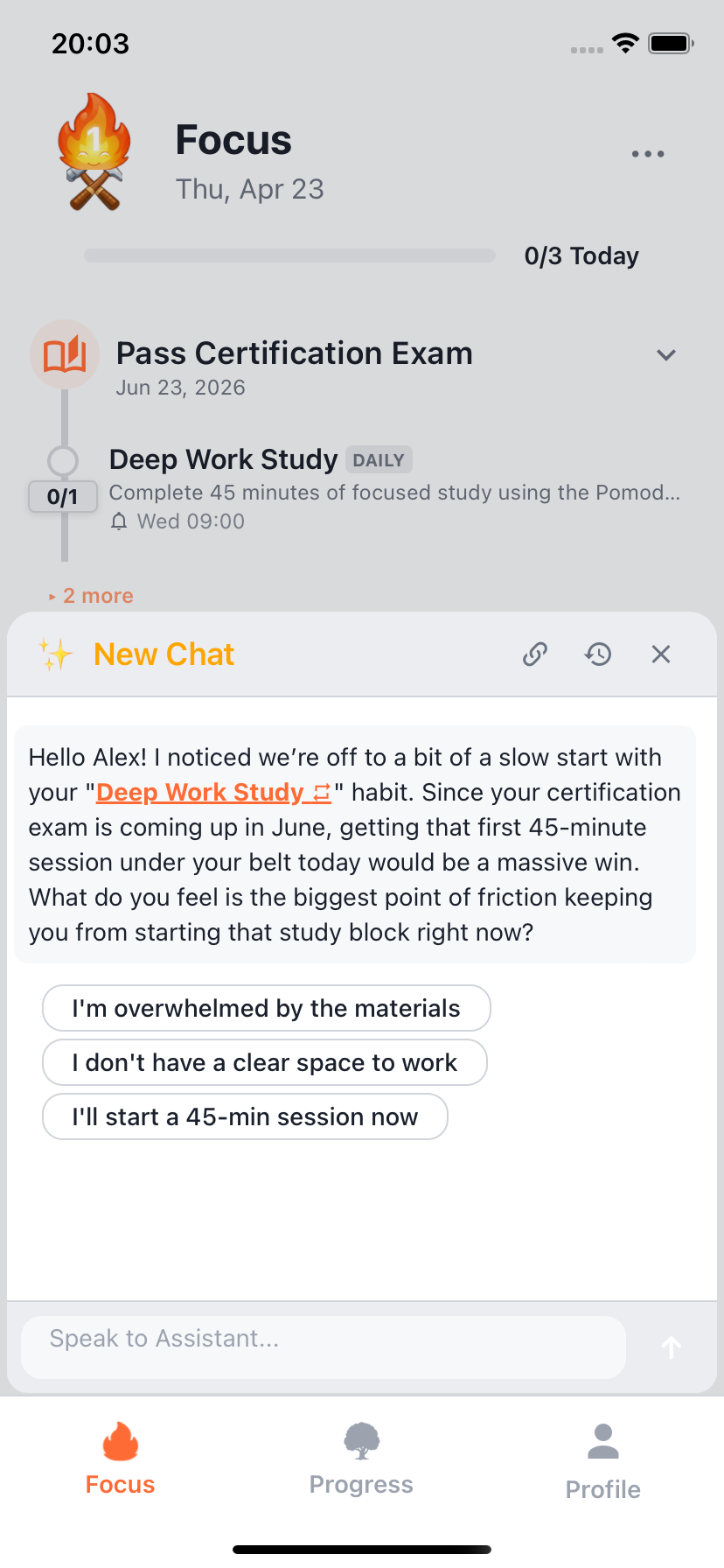 Willforge AI coaching chat with suggested options