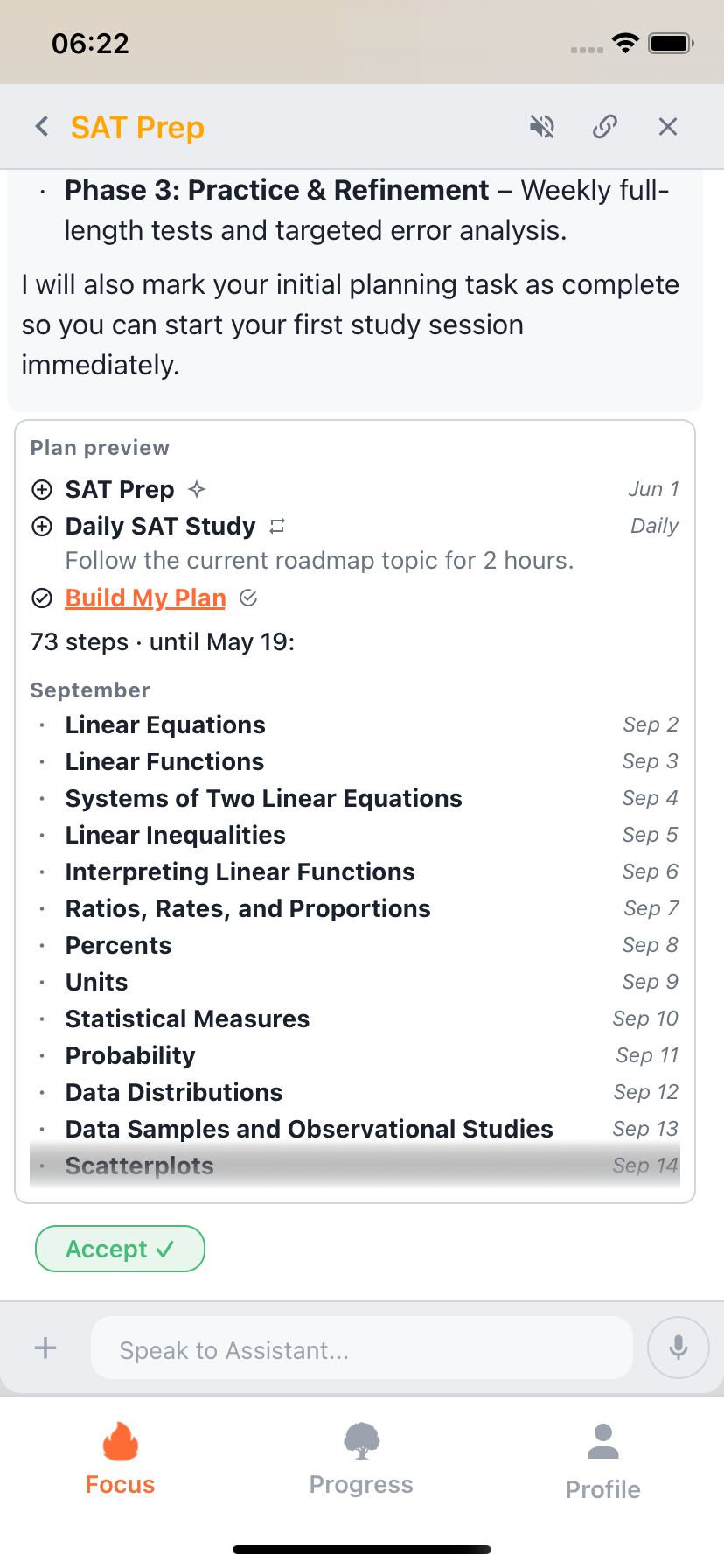 Willforge plan preview with ordered topics, a study habit, and reminders