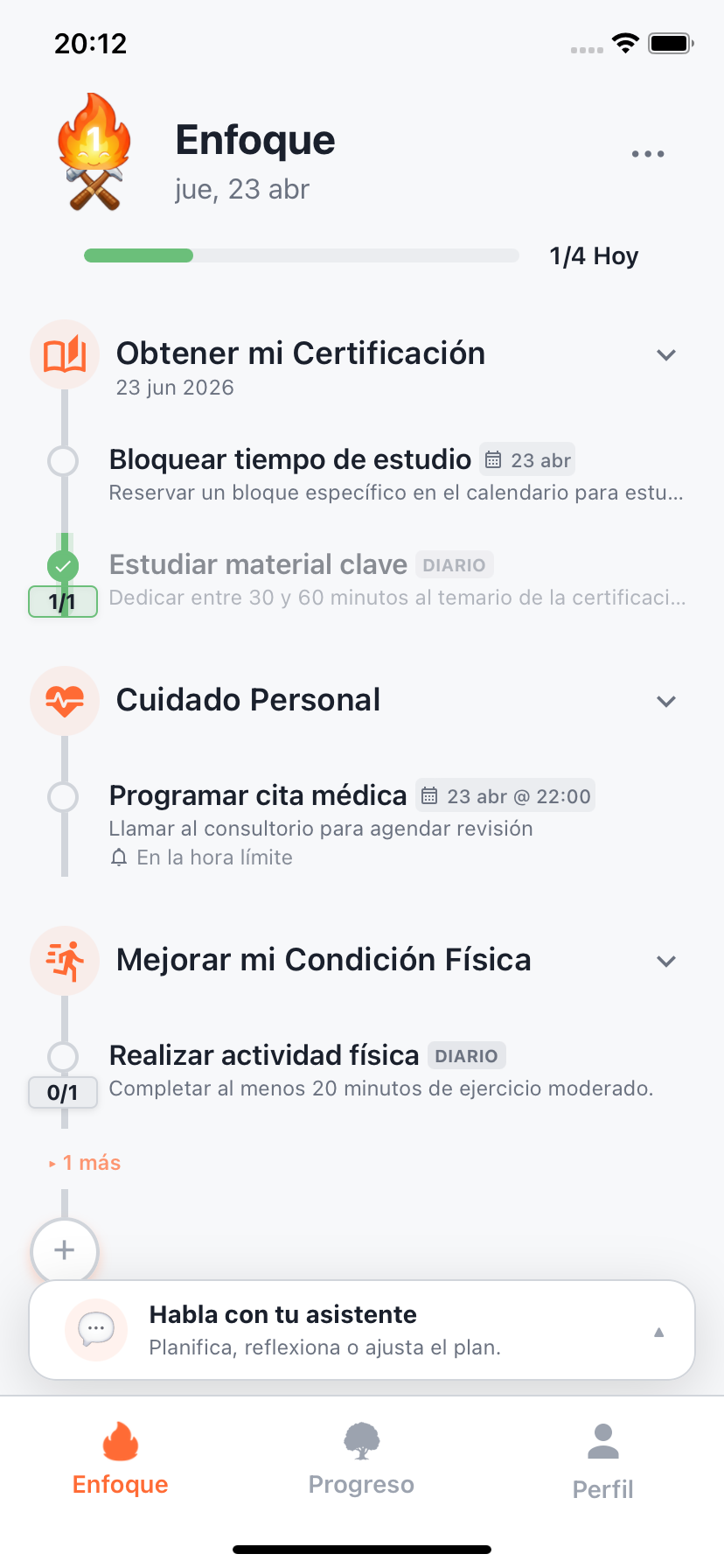 Pantalla de enfoque de Willforge con el plan de hoy