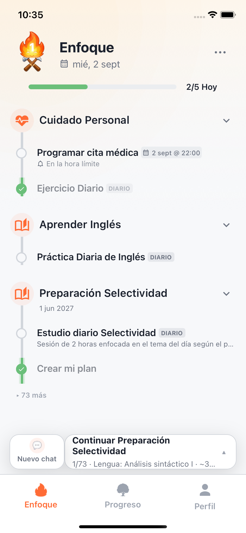 Pantalla de Enfoque de Willforge con las metas de hoy y coaching