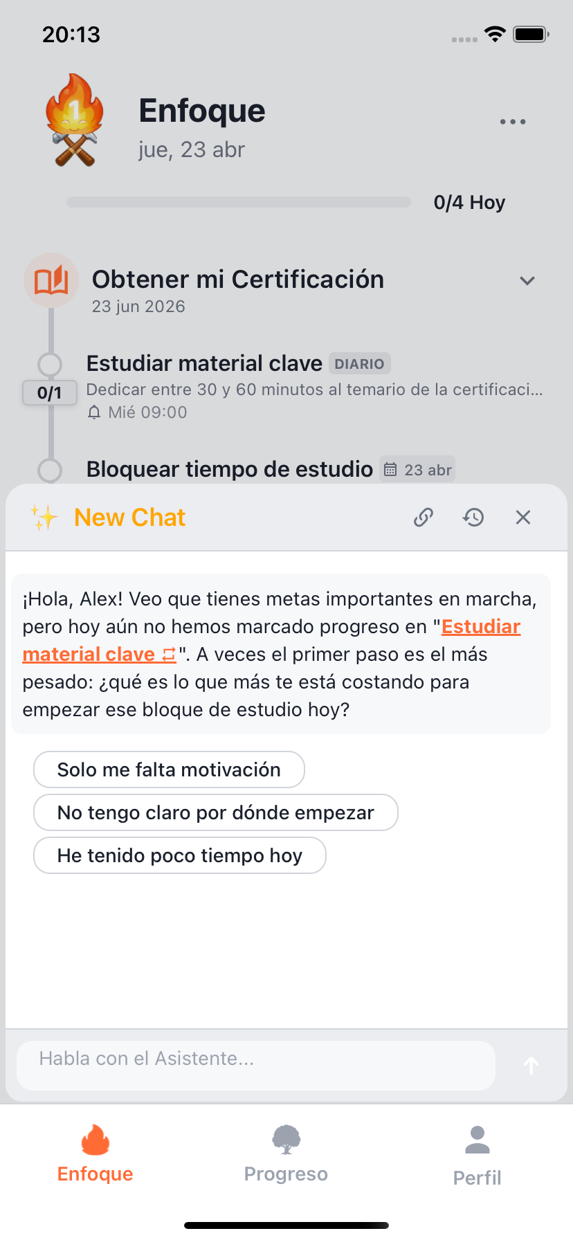 Chat de coaching con IA de Willforge con opciones sugeridas