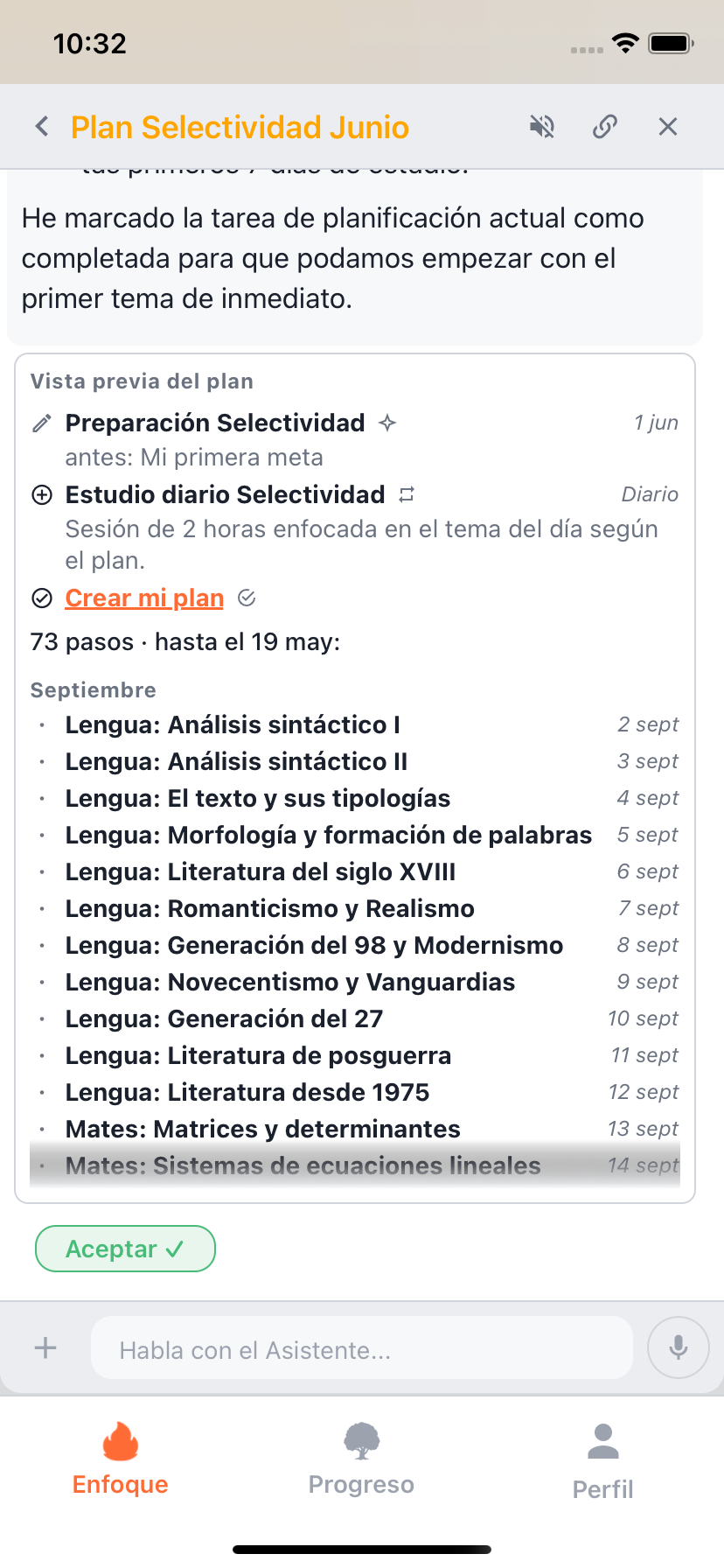 Vista previa del plan de Willforge con temas ordenados, hábito de estudio y recordatorios