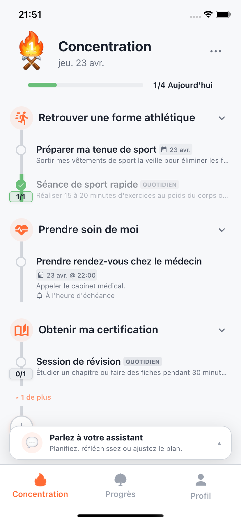 Écran Focus de Willforge avec le plan du jour