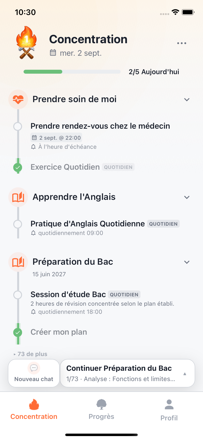 Écran Focus de Willforge avec les objectifs du jour et le coaching