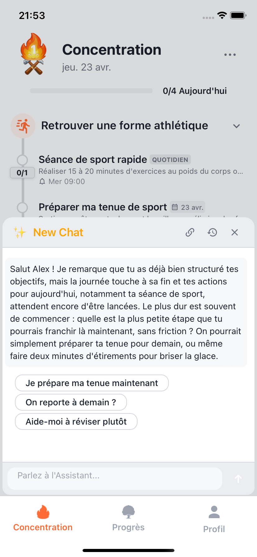 Chat de coaching IA Willforge avec options suggérées