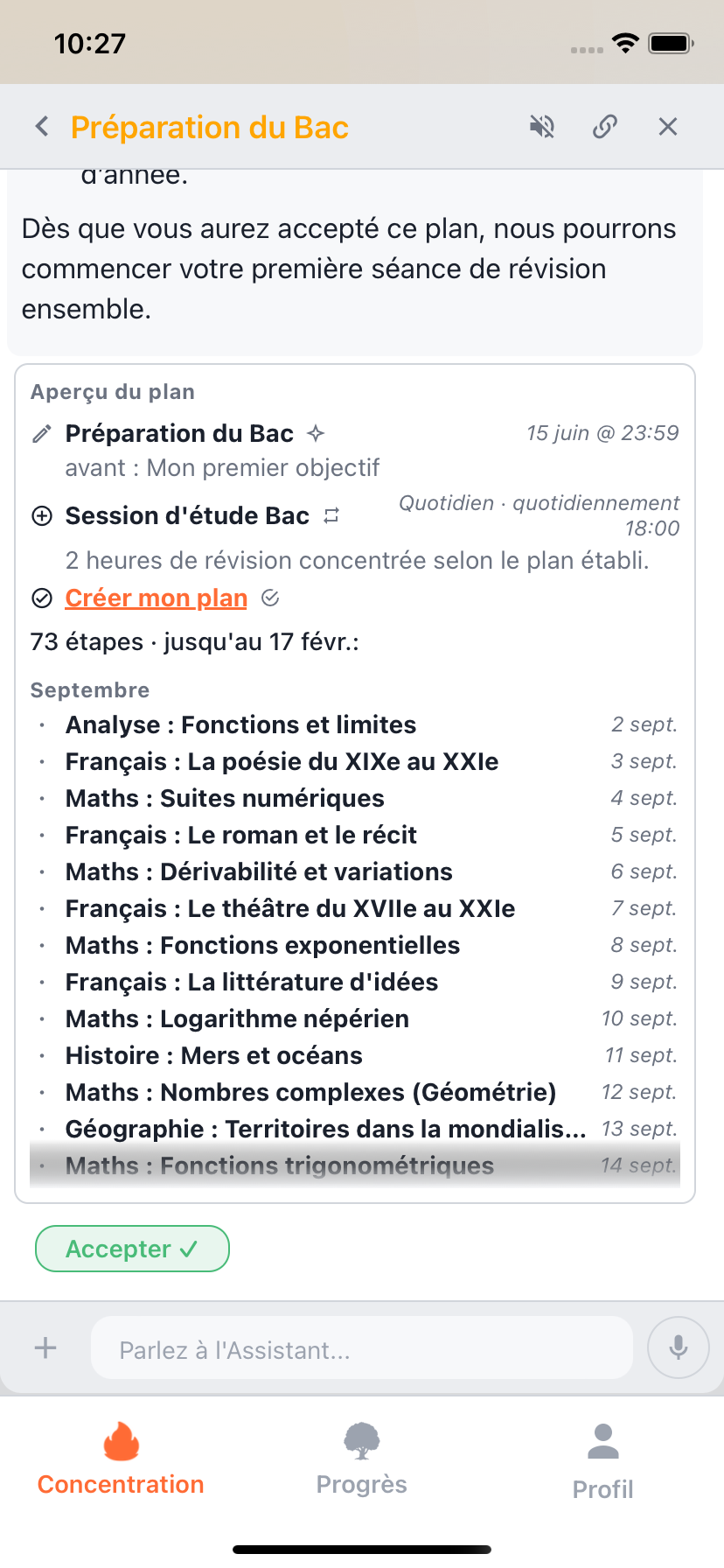 Aperçu du plan Willforge avec sujets ordonnés, habitude d'étude et rappels