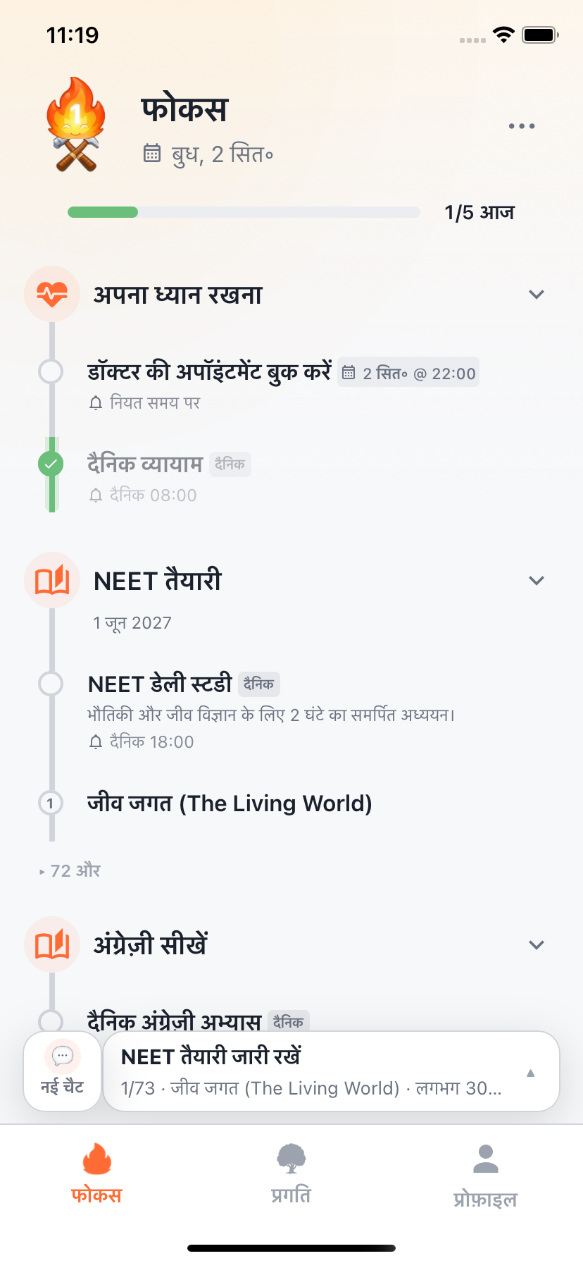 आज के लक्ष्यों और कोचिंग के साथ Willforge फ़ोकस स्क्रीन