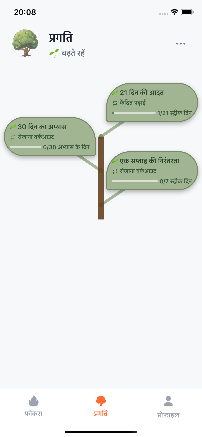 अचीवमेंट ट्री के साथ Willforge प्रगति स्क्रीन