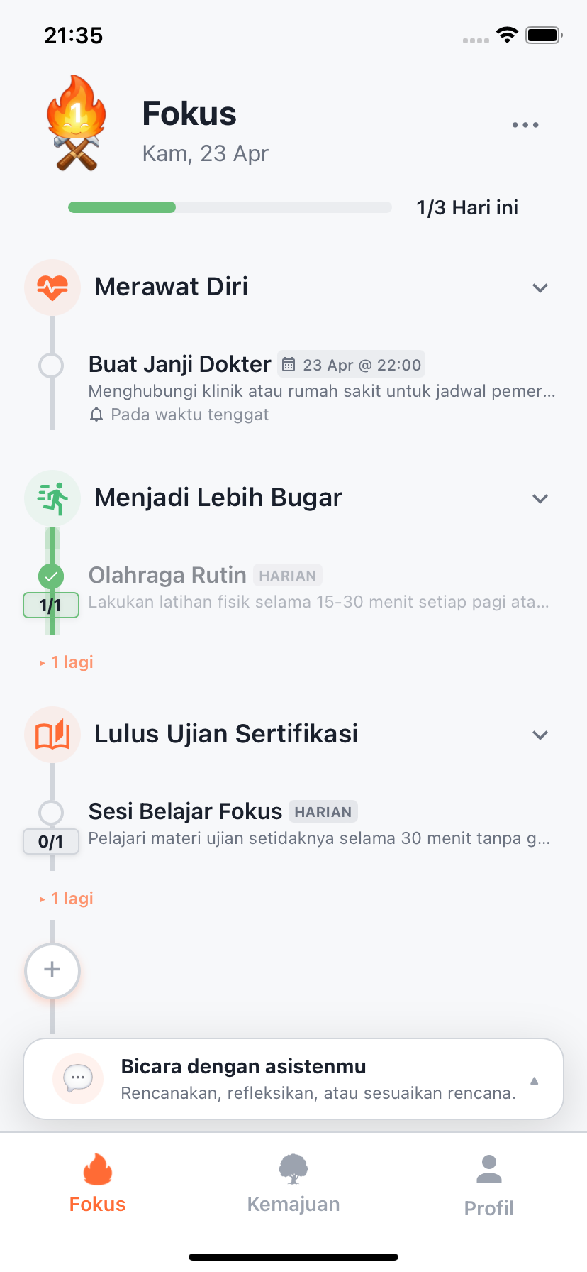 Layar Fokus Willforge dengan rencana hari ini