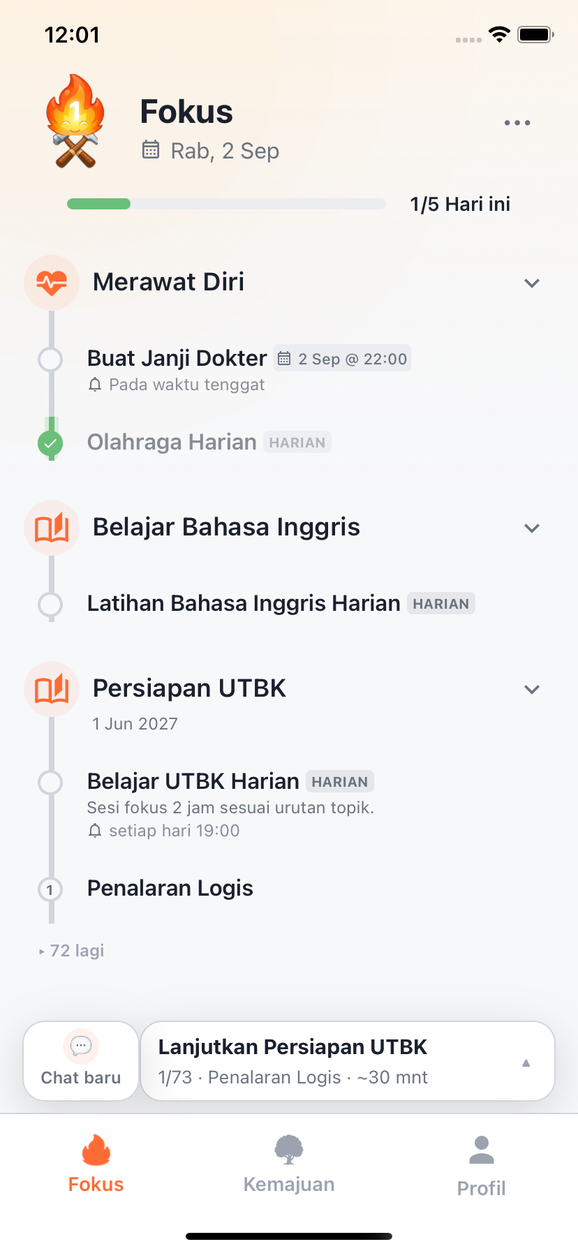 Layar Fokus Willforge dengan tujuan hari ini dan kartu pelatihan