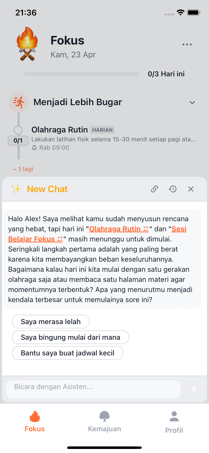 Chat coaching AI Willforge dengan opsi yang disarankan