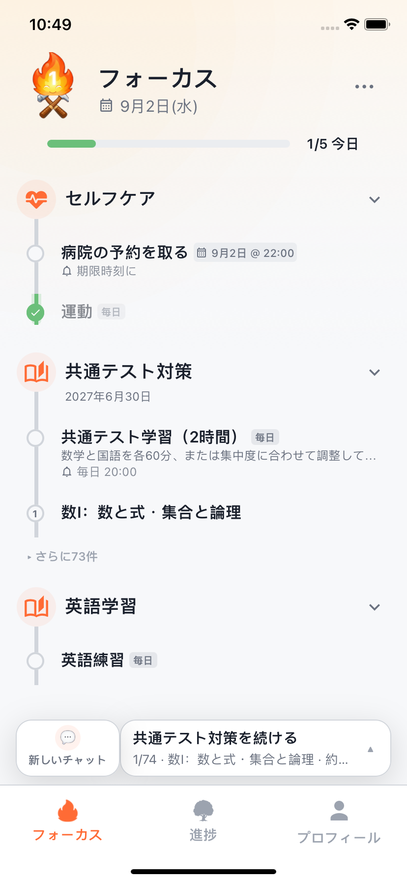 今日の目標とコーチングを表示するWillforgeのフォーカス画面