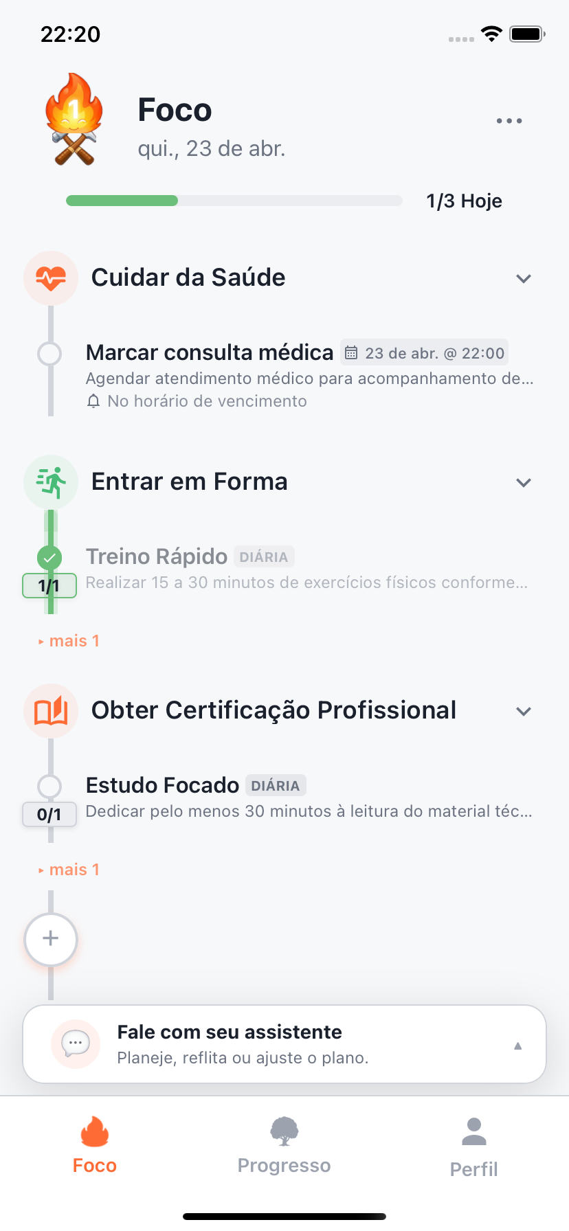 Tela de foco do Willforge com o plano de hoje