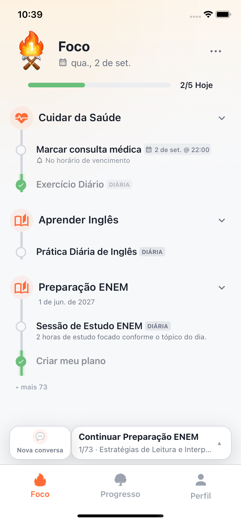 Tela de Foco do Willforge com as metas de hoje e coaching