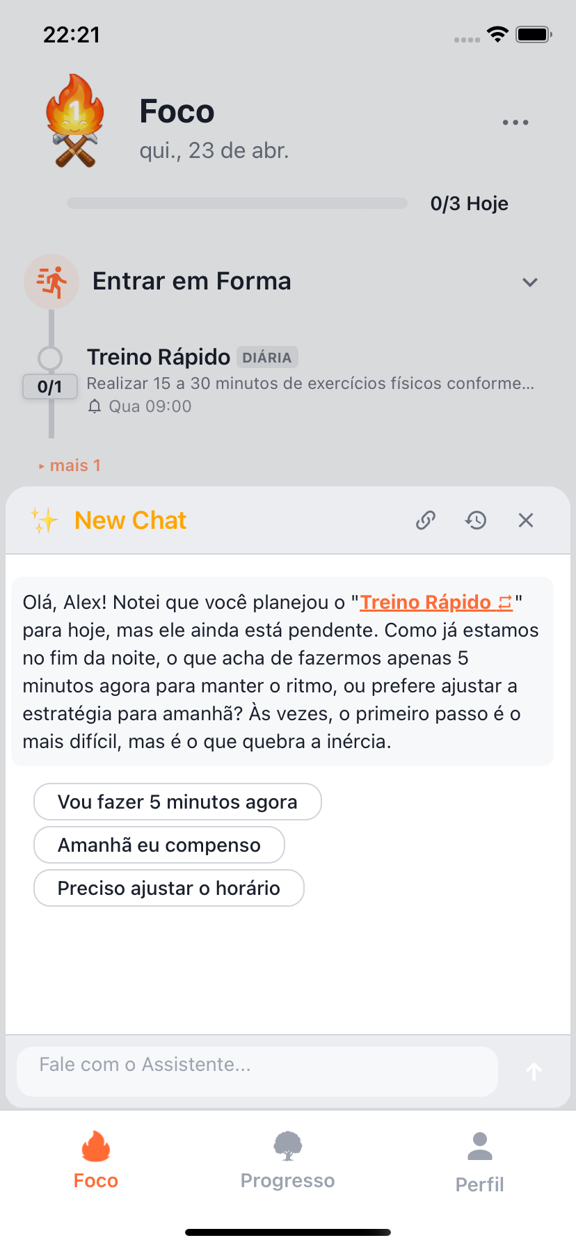 Chat de coaching com IA do Willforge com opções sugeridas