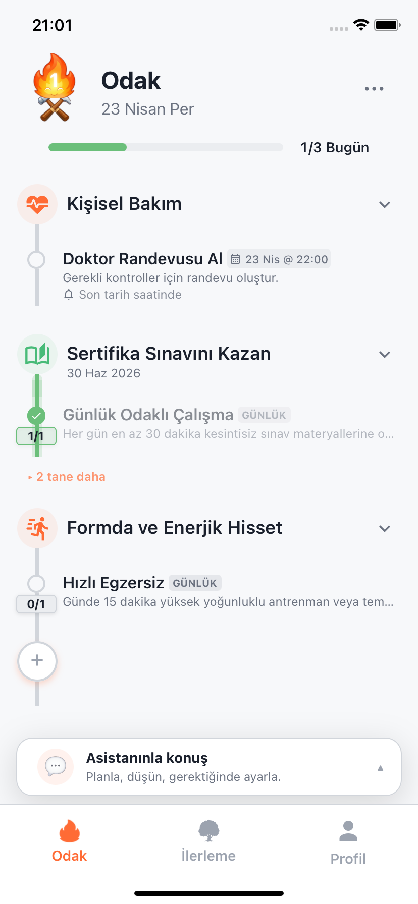 Bugünün planını gösteren Willforge Odak ekranı